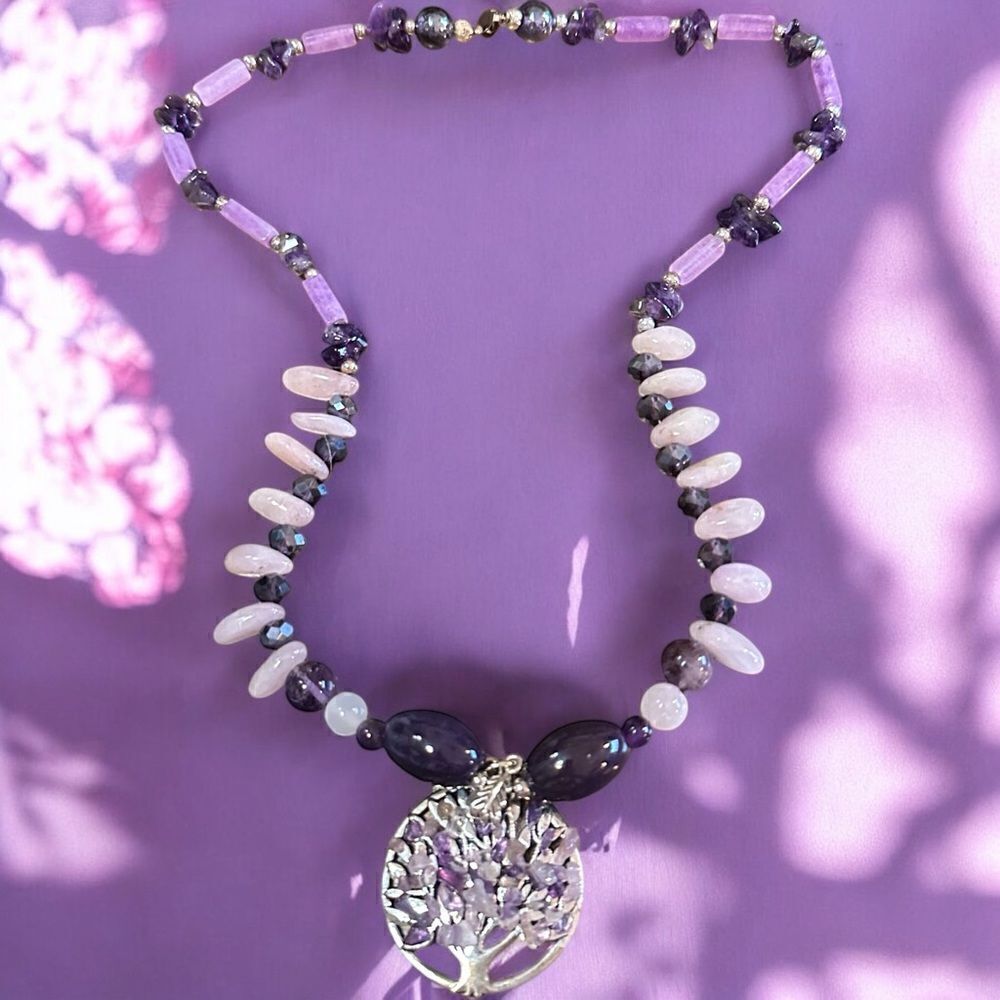 One of a Kind Rare Handcrafted Genuine Amethyst & Rose Quartz Pendant Necklace